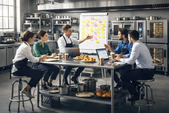 Team brainstorming in a modern kitchen, collaborating over baked goods and creative ideas.